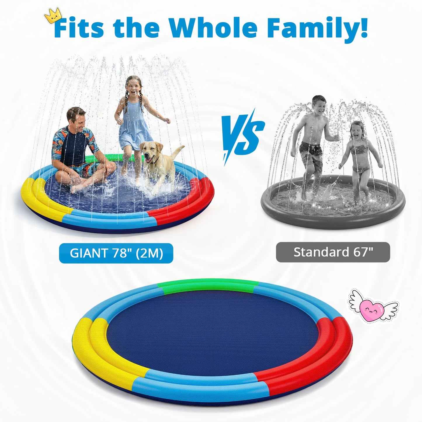 Large Splash Pad for Kids & Dogs, 78” Sprinkler Splash Pad with Dual Spray Tubes, Thick Non-Slip Water Play Mat for Backyard, Summer Outdoor Water Toys for Toddlers & Family