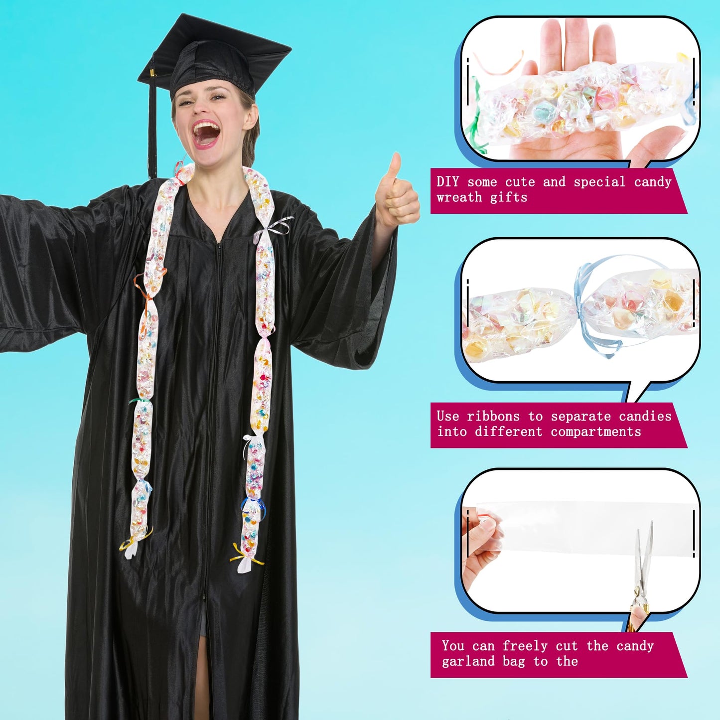 Conagel 1 Roll of Graduation Candy Lei Clear Graduation Candy Tubing Lei Making Kit with 10 Rolls Ribbons for DIY Graduation Wreaths Packing Snacks Candy (Clear, 3.15 Inch Wide)