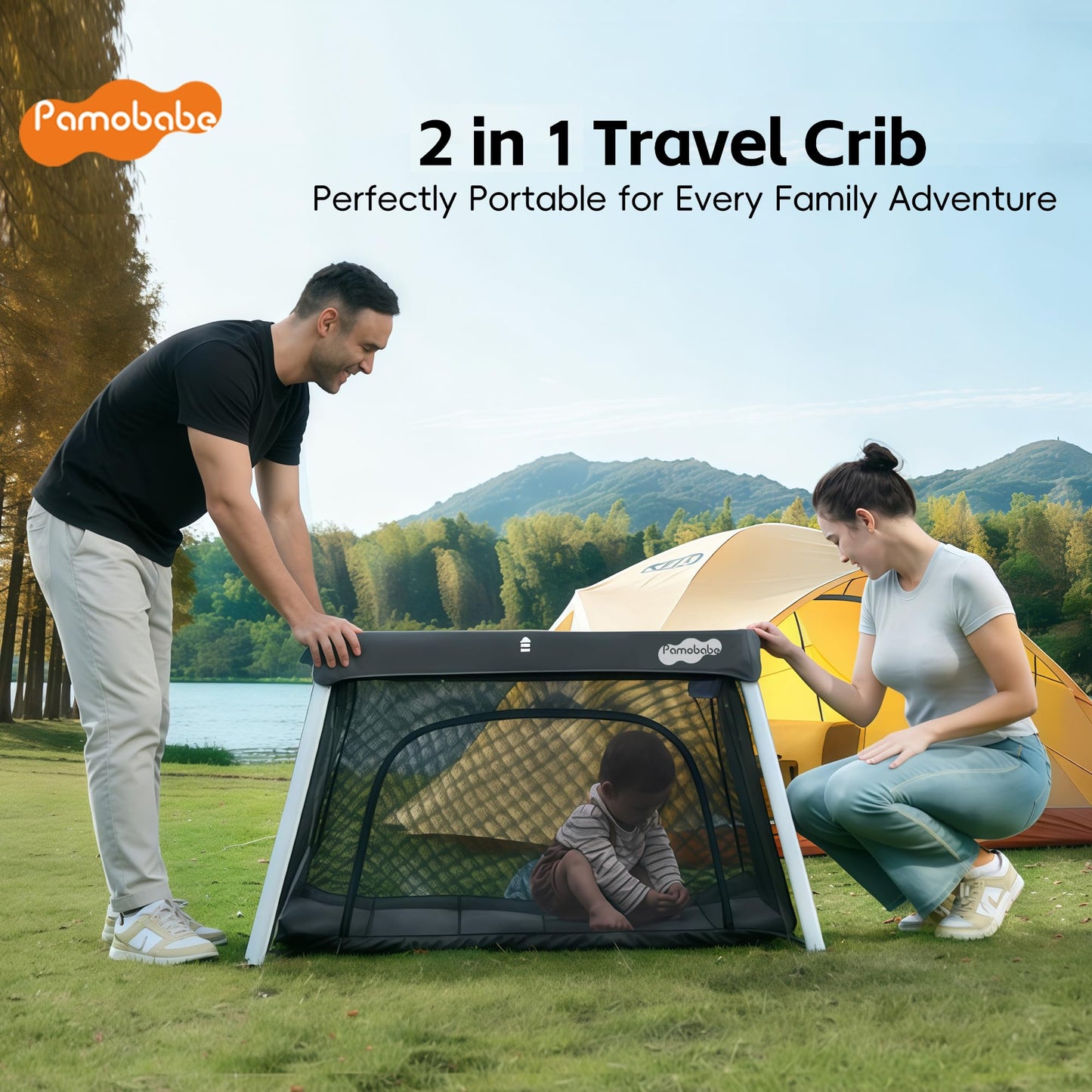 Pamo Babe Travel Crib with Bassinet, Certified Baby Safe Portable Crib, Extra Large Portable Playpen with Mattress & Zipper Door, Lightweight Foldable Pack and Play Baby Travel Bed - Grey