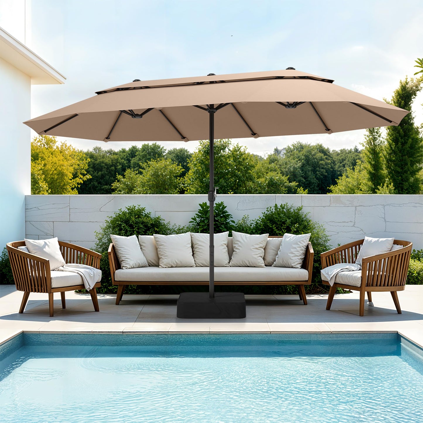 PHI VILLA 15ft Large Patio Umbrellas with Base Included, 2-Tier Outdoor Double-Sided Rectangle Market Umbrella with Stand, Outside Umbrellas for Poolside Lawn Backyard, Beige