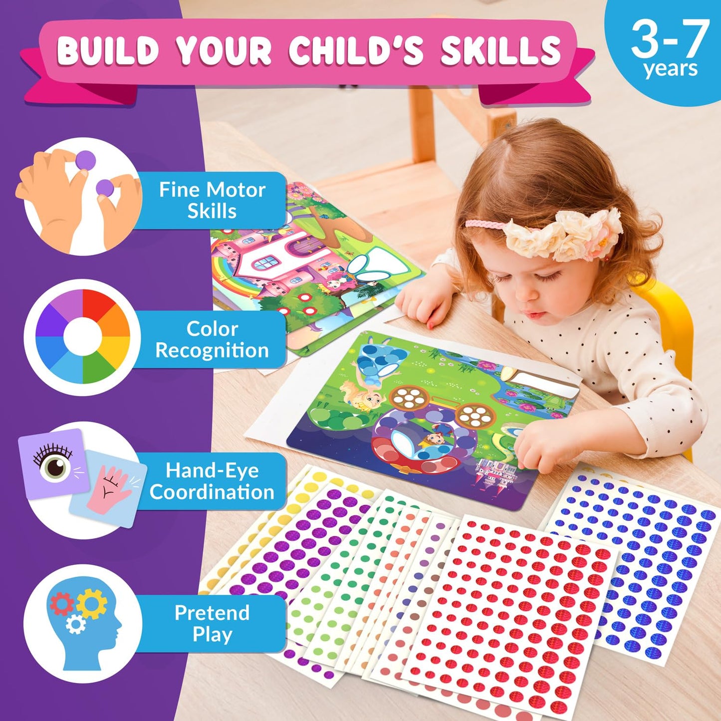 Funcils Dot Art Activity - Unicorn & Princess Sticker Kit, Toddler Art & Craft Supplies for Kids, Birthday Gifts for Boys & Girls Ages 3, 4, 5, 6, 7 Year Old - Kids Travel Toys, Airplane Must Have