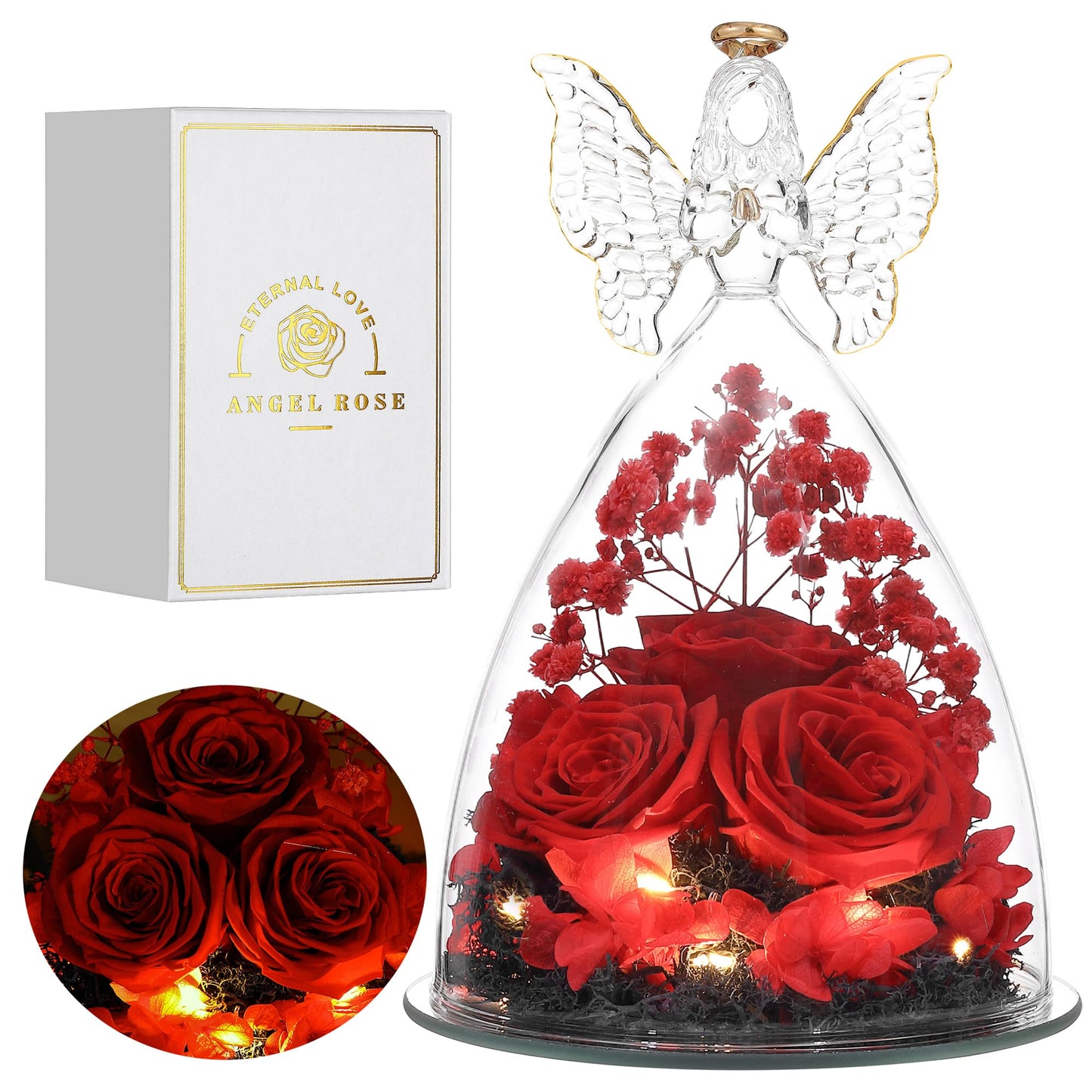 Tiaronics Mothers Day Rose Gifts for Women Preserved Real Flower in Glass Angel Figurines Roses for Delivery Prime Birthday Gifts for Mom Grandma Girlfriend Wife Her - Red