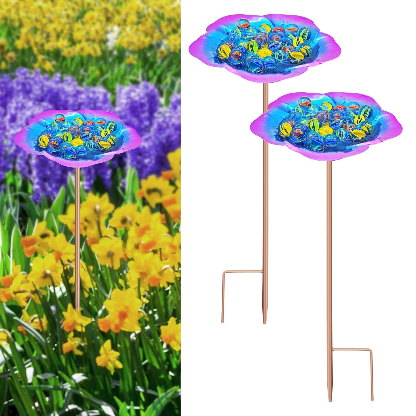 Large Bee Watering Station-Purple Butterfly Puddler Bee Bath & Feeder with Metal Stakes - 30 Glass Marbles, Vivid Flower Design, Garden Yard Decor (Purple-2PACK)