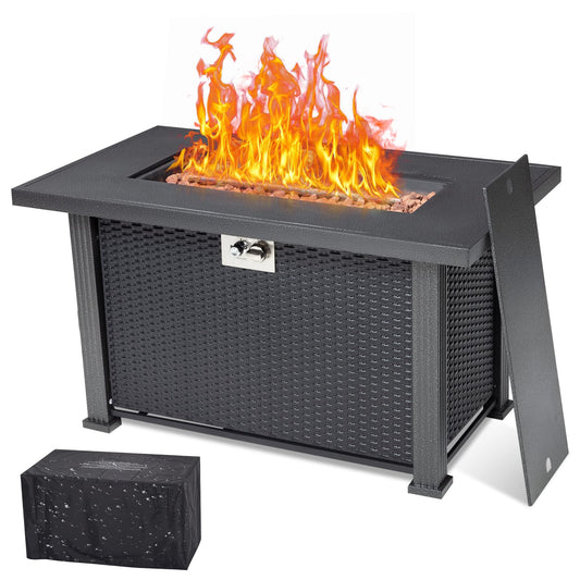 44 in Propane Fire Pit Table, 50000BTU Rectangle Fire Table with Cover & Rain Cover, Sturdy Steel and Iron Fence Surface, CSA Safety Certified, Companion for Your Garden