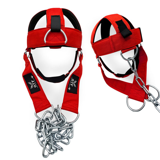 QTF Neck Harness Weight Lifting Training, Neck Builder Thick Neoprene Padded Adjustable Chin & Head Strap, Neck Workout Head Harness Heavy Duty Steel Chain (Red)