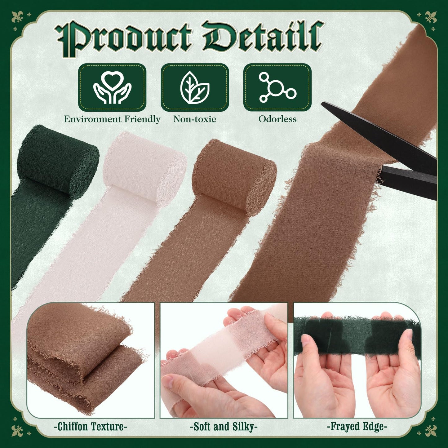 Suncalla 6 Rolls Neutral Chiffon Ribbon 1.57" x 33yd Dark Green Brown Nude Handmade Frayed Fringe Edges Silk Like Ribbon for Wedding Invitations Bridal Bouquets Gifts Wrapping Bow Making Crafts Decor