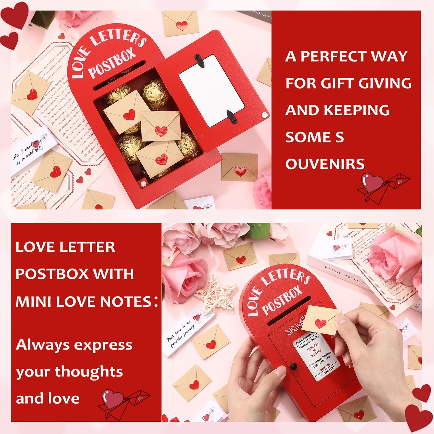 Faccito Romantic Love Postbox with 60 Mini Love Notes and Envelopes Loveletters for Mother's Day Him Long Distance Relationship Gifts for Husband Boyfriend Couple Mother's Gifts(Red,Classic)