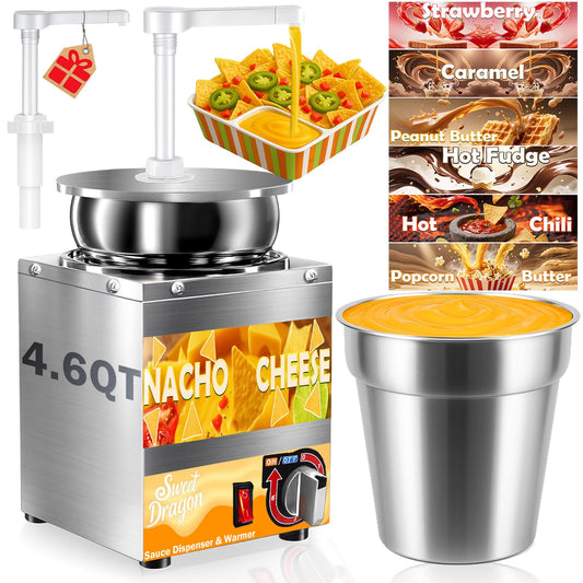 Nacho Cheese Dispenser, 4.6 Qt Nacho Cheese Dispenser with Pump, Stainless Steel Hot Fudge Cheese Warmer W/6-Level Temperature Adjustment, Commercial Sauce Dispenser for Butter Syrup Caramel