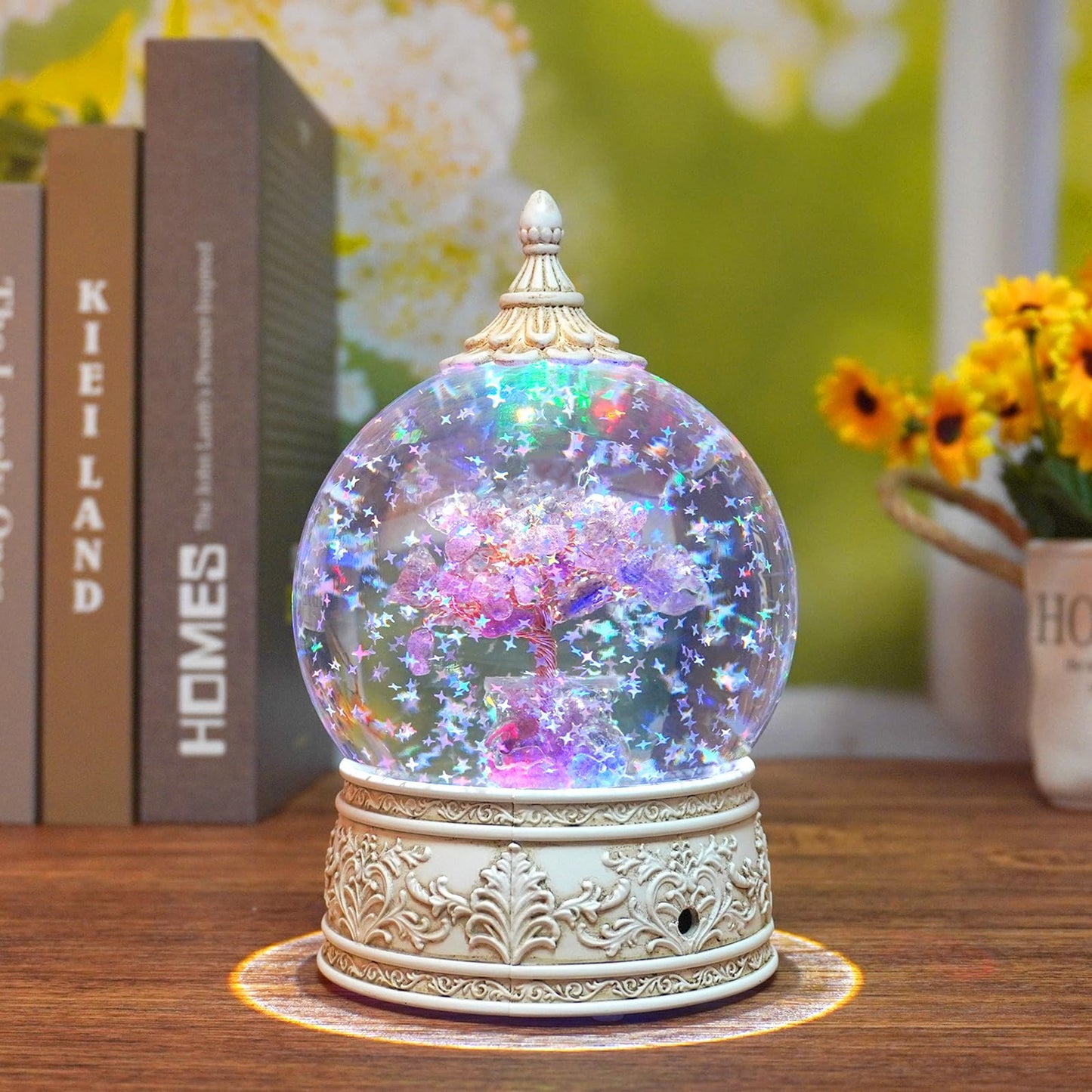 Strawberry Quartz Healing Crystal Tree Globe Colorful Lights and Glitter, Natural Gemstone Base, Spiritual Meditation, Positive Energy Good Luck, Home Decor, Birthday Gifts (Strawberry Quartz)