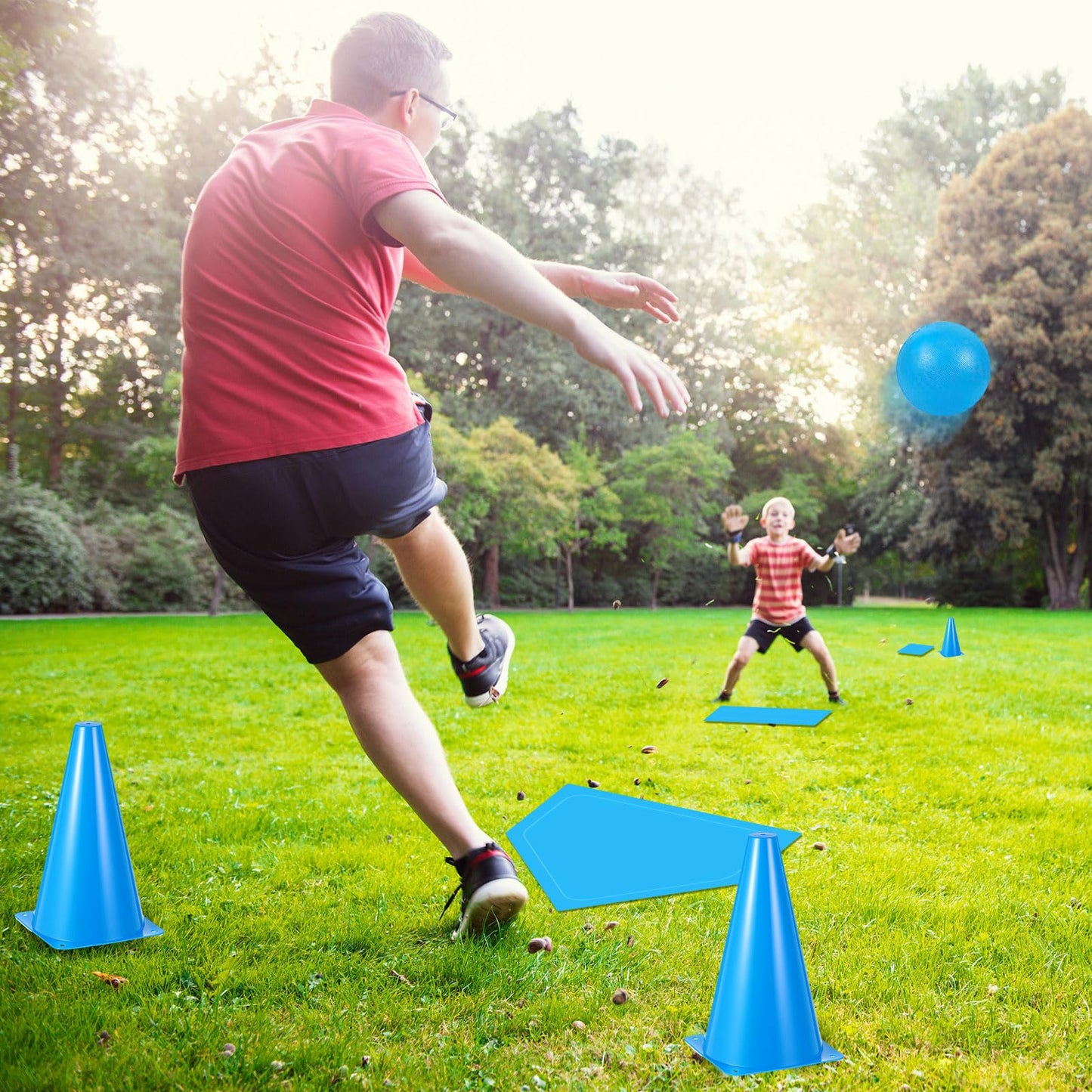 Jenaai 20 Pcs Sports Kickball Set, 3 10'' Playground Ball, 5 Rubber Throw Down Bases, Ball Pump, Net Bag, 10 Foul Line Cones, Kickball All in One Kit for Kids Adults Playground Backyard Game(Blue)