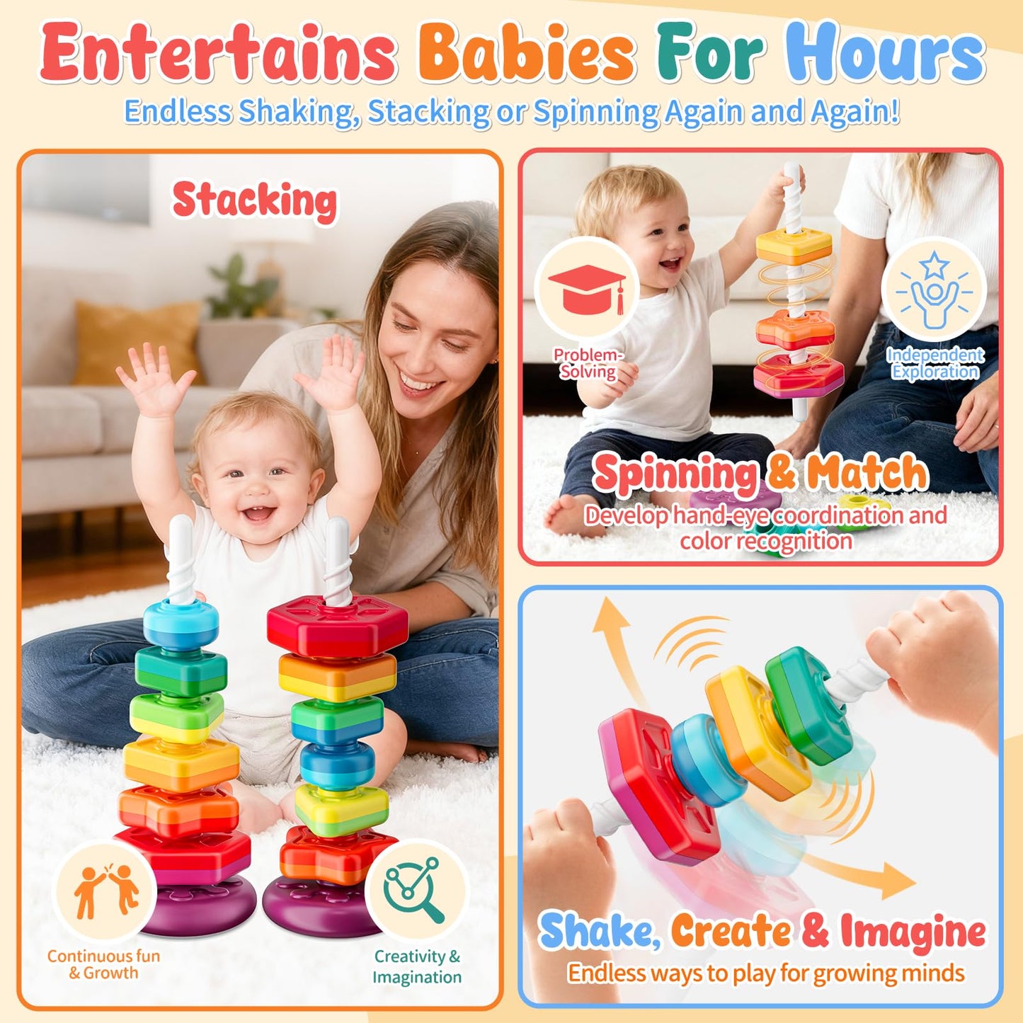 Baby Spinning Stacking Toys for Toddlers 1-3, Sensory Montessori Toys for One Year Old Girl Boy, Rainbow Ring Stacker Tower, Educational Learning Toy, Perfect Easter Christmas Birthday Gifts