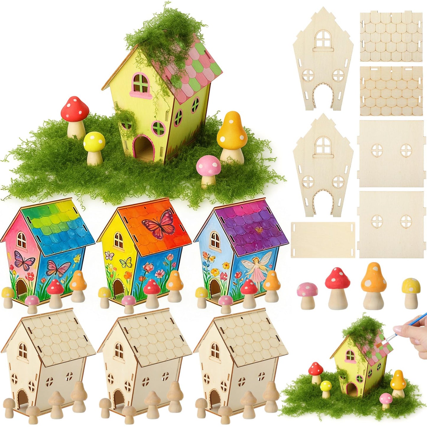 DoubleFill 6 Sets Wooden Fairy House Craft Kit for Kids - Classroom DIY Fairy Garden with Paints & Decorations - School Arts Crafts & Birthday Gift for Activity Party Decor (Classic Style)