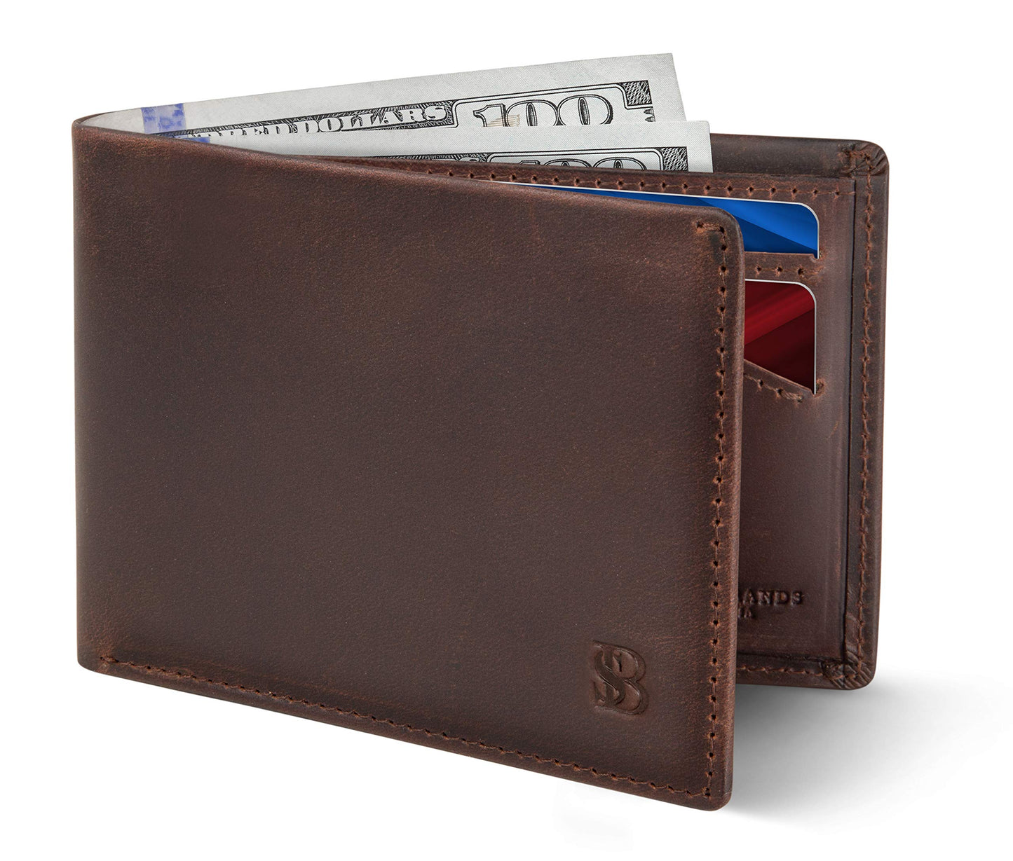 SERMAN BRANDS Mens Slim Bifold Wallet RFID Blocking Minimalist Front Pocket Full Grain Leather Wallets for Men - Thin & Stylish (Texas Brown Elite)