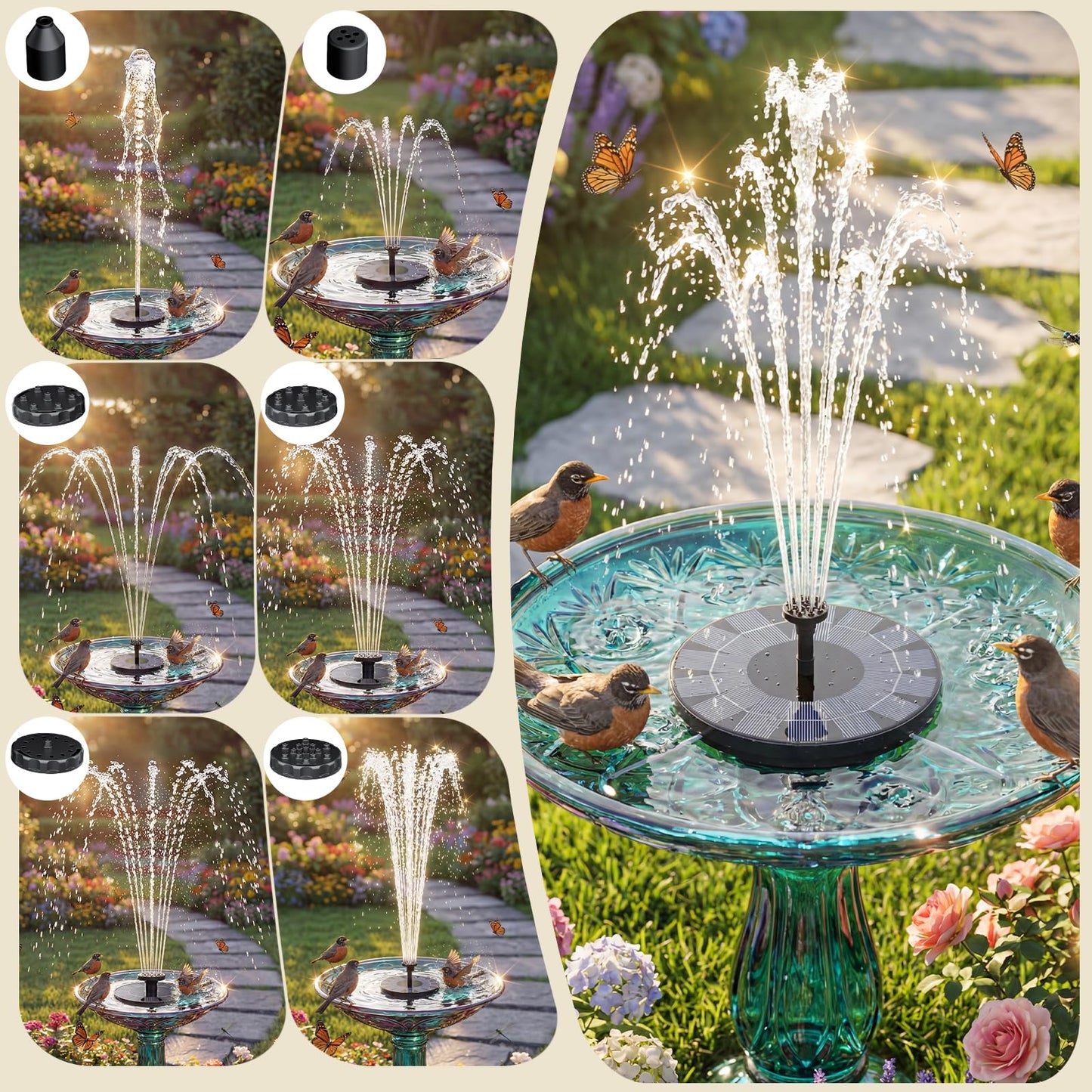 AISITIN 2.5W Solar Bird Bath Fountain Pump, Solar Fountain for Bird Bath with 6 Nozzles, 6.7" Solar Powered Water Pump for Garden, Ponds, Pool, Fish Tank, Aquarium and Outdoor
