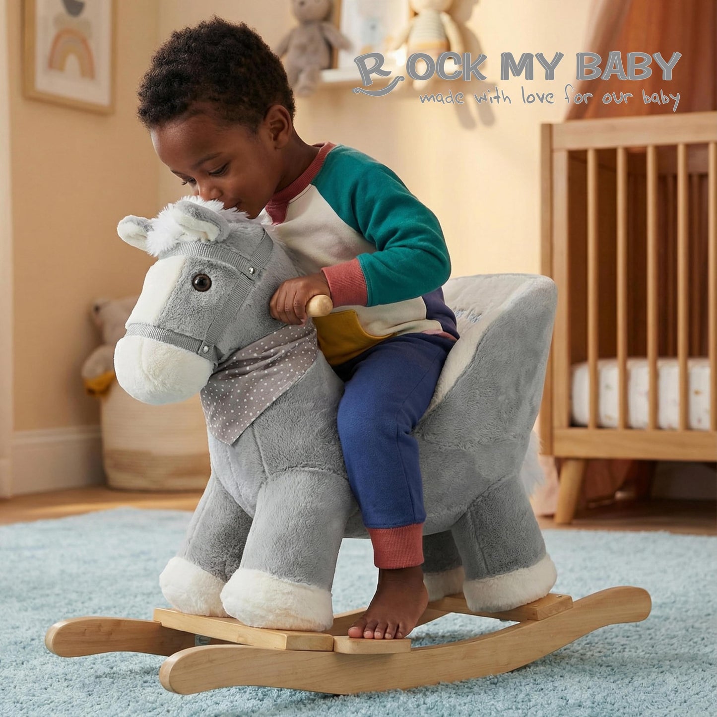 Rock My Baby Rocking Gray Horse with Chair, Plush Stuffed Rocking Pony with Realistic Sound, Baby Rocker Animal for Toddlers 1-3 Ride on,CPC Certified