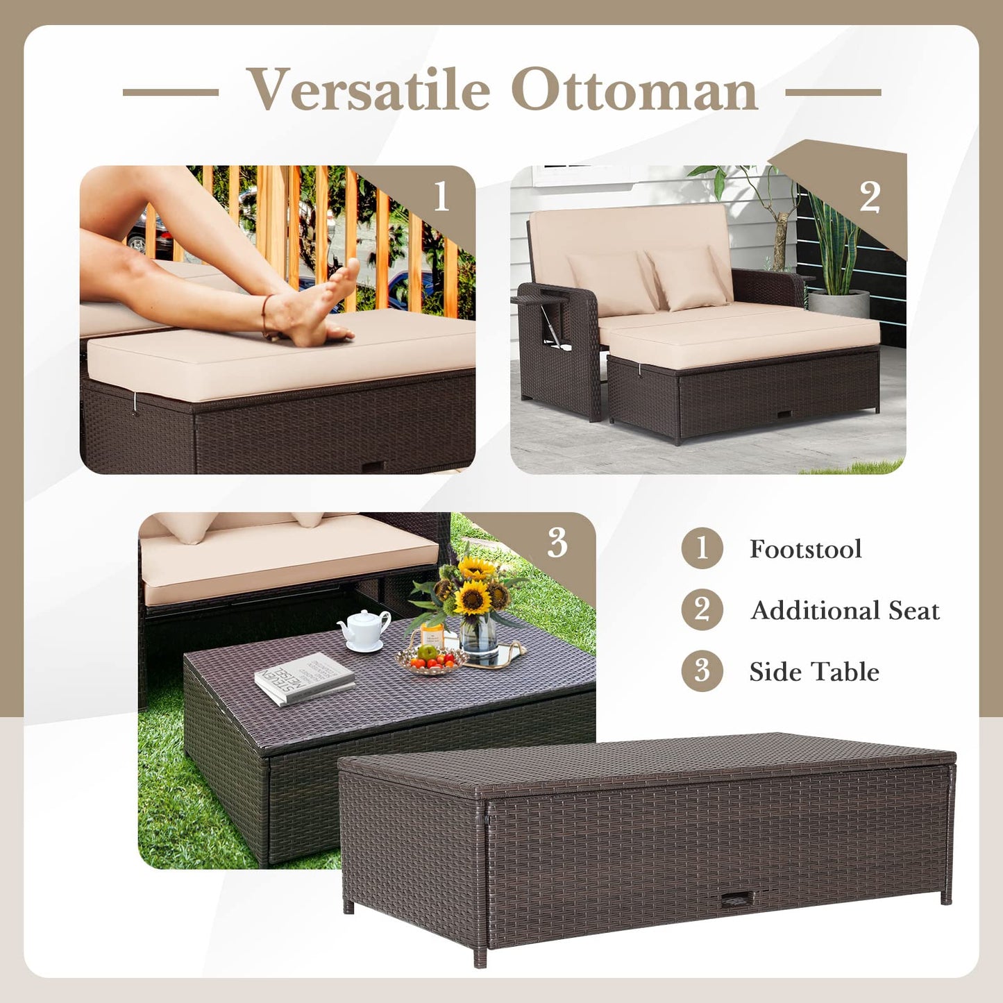 Tangkula Patio Rattan Daybed with 4-Level Adjustable Backrest, Outdoor PE Wicker Loveseat with Storage Ottoman & Folding Side Tray, Double Sunbed Lounger for Balcony, Backyard & Poolside