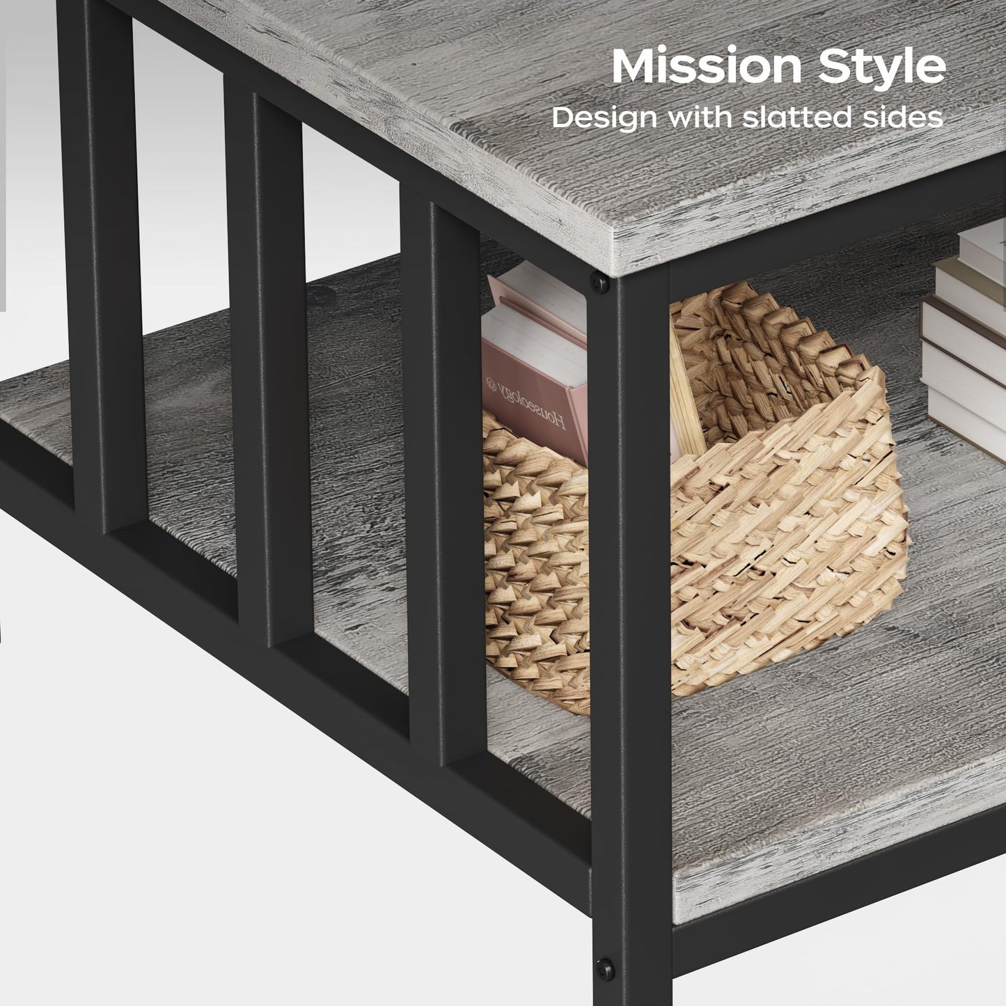 Homeiju Coffee Table for Living Room with Slatted Sides Frame, Modern Farmhouse Living Room Table with 2-Tier Storage Shelf for Home Office, Apartment, 39 inch Grey Wash