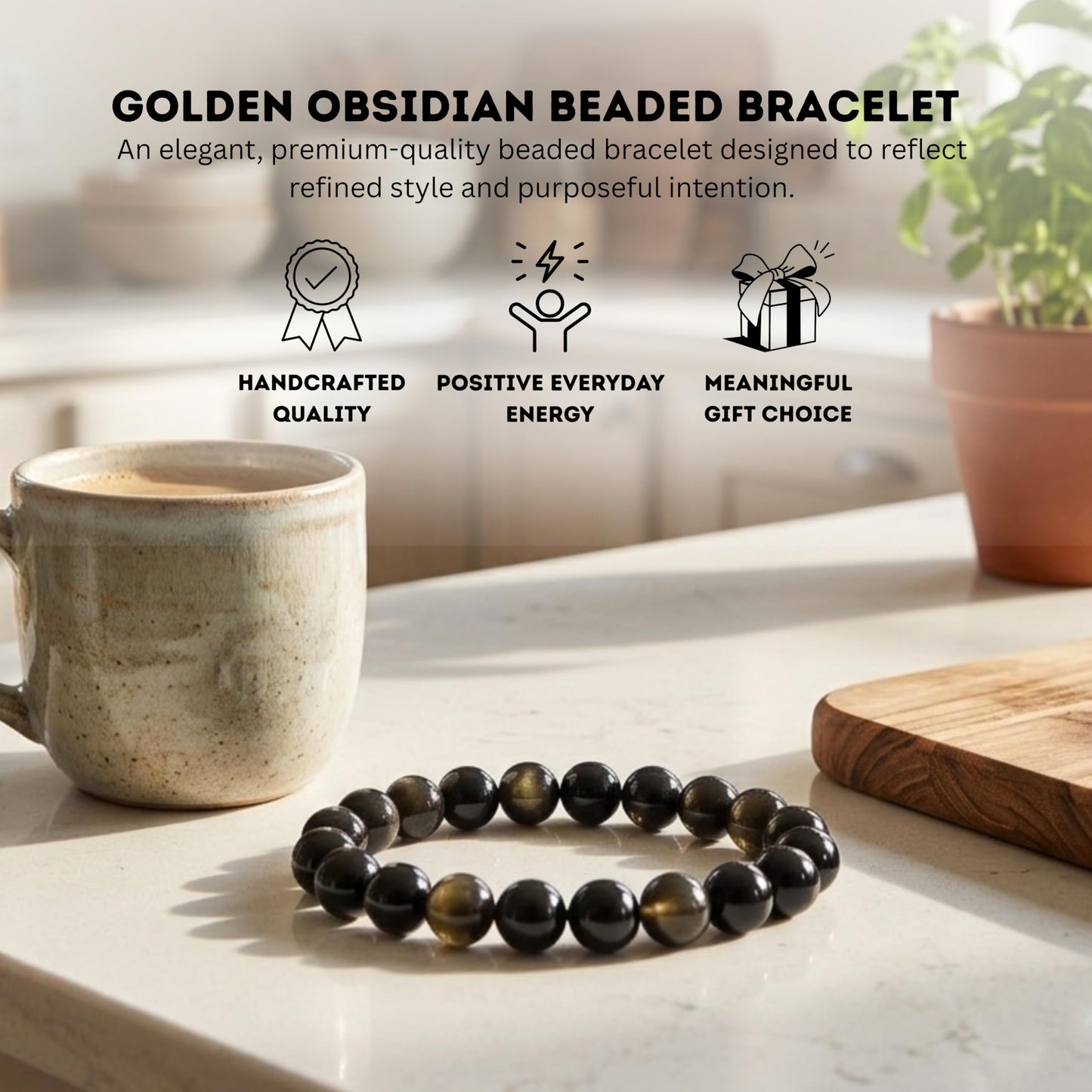 Cherry Tree Collection Golden Obsidian Beaded Bracelet – Genuine 8mm Gemstone Stretch Bracelet for Men & Women – Handmade Crystal Bracelet - (Golden Obsidian - S)