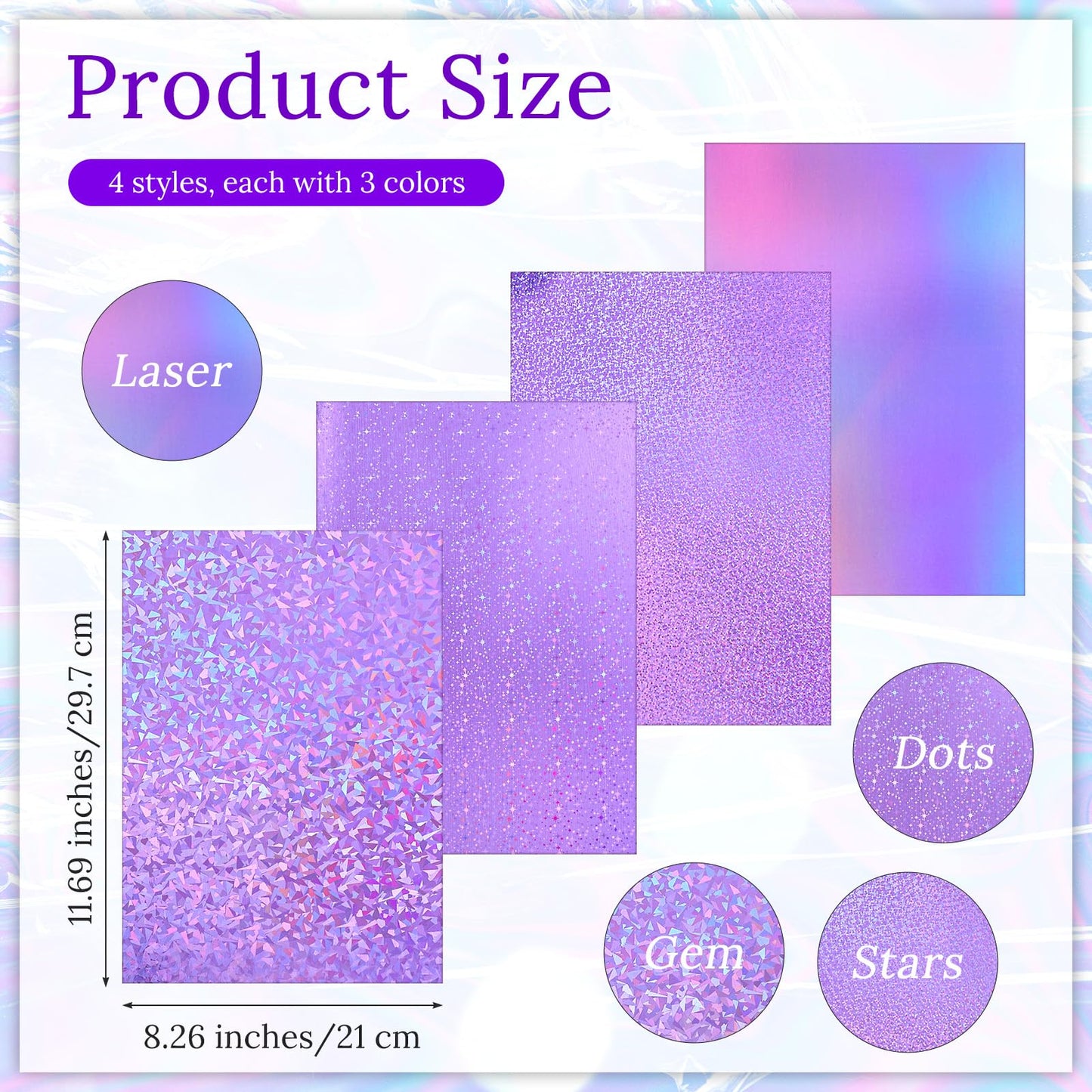 Kifmurase 120 Sheets Metallic Holographic Card Stock, Shiny Glitter Card Stock, Glitter Iridescent Mirror Paper 11.7 x 8.3'', 250GSM 12 Mixed Colors Foil Paper for Scrapbook, Cards Making, Crafts