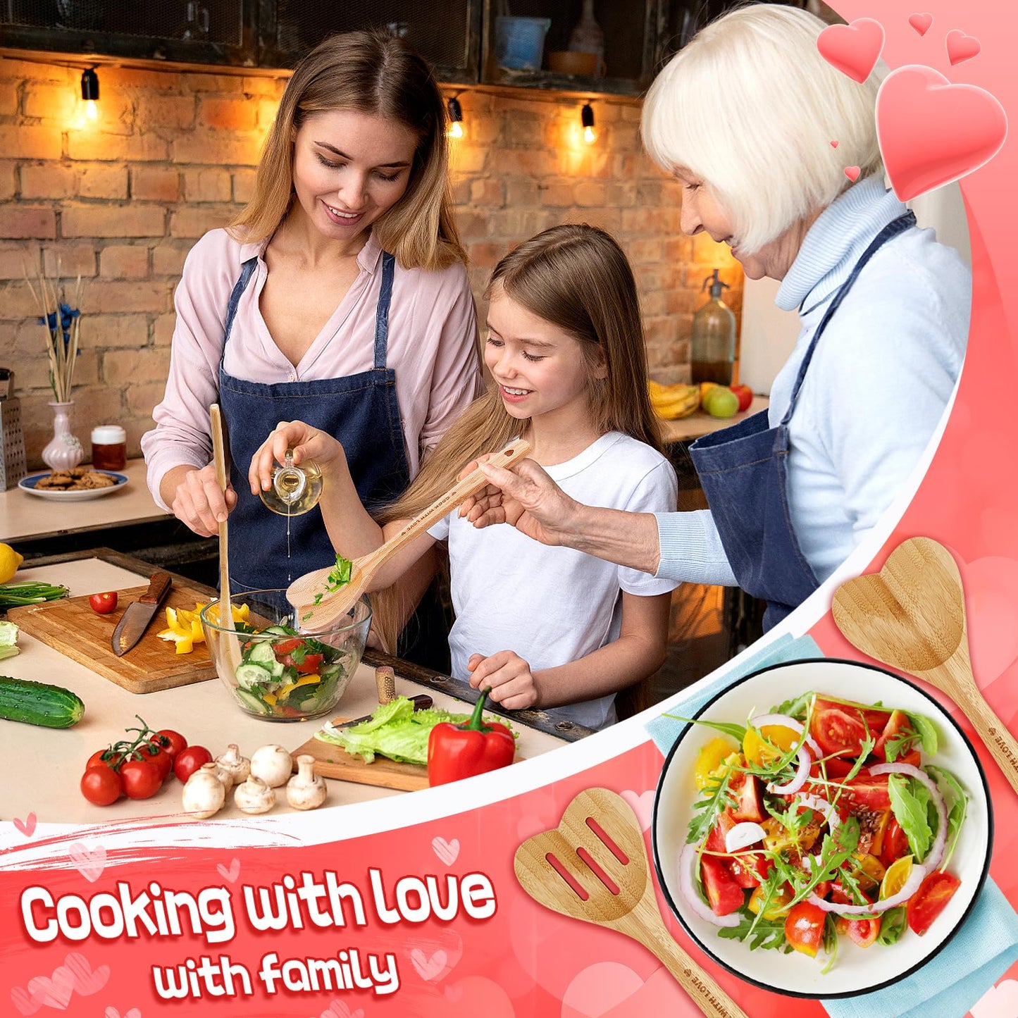 Bamboo Heart Shaped Spoon for Cooking - Wooden Cook with Love Spoon Kitchen Utensils, Mother's Day Gifts for Grandma Mom Couple Wife Hostesses House Warming, 2Pcs