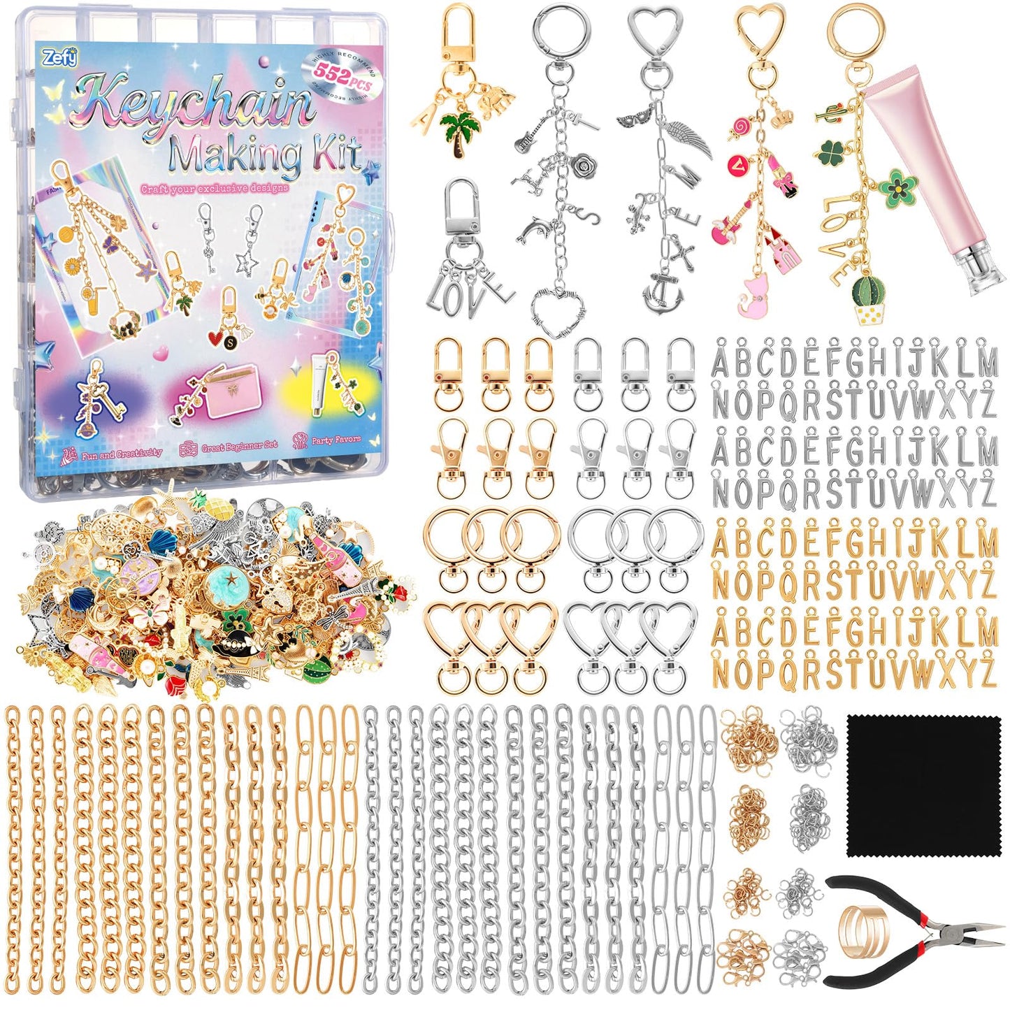Zefy 552Pcs Charms Lip Gloss Keychain Making Kit, Gold Silver Bag Charm Kit, Including 214 Charms 24 Key Chain Clips with Organizer Box, DIY Craft Supplies for Jewelry Making and Gifts