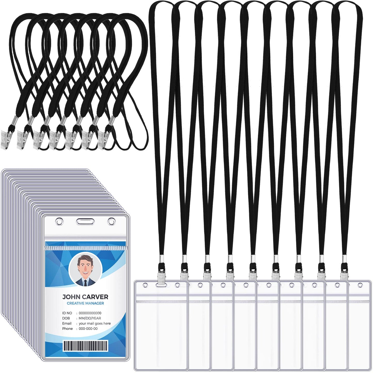 Marspark 200 Pcs ID Badge Holder with Lanyard Lanyards for ID Badges Resealable Flat Neck Name Tag with Clip Waterproof Plastic Clear Badges Bulk for School Office Supplies (Black)
