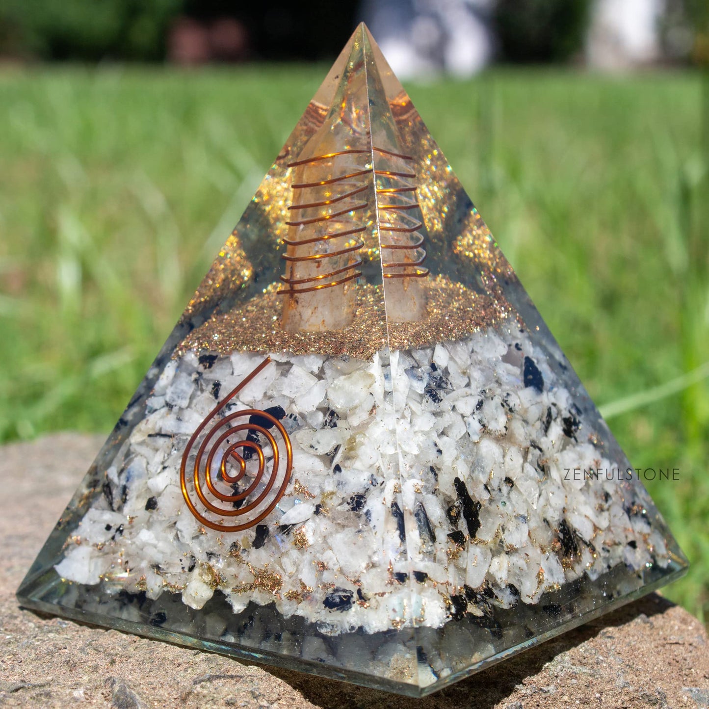 Rainbow Moonstone Orgonite Pyramid for Joy, Intuition and Spiritual Awareness | Orgonite Orgone Crystal pyramid with Copper Coil and Crystal Quartz for Chakra Protection (Rainbow Moonstone)