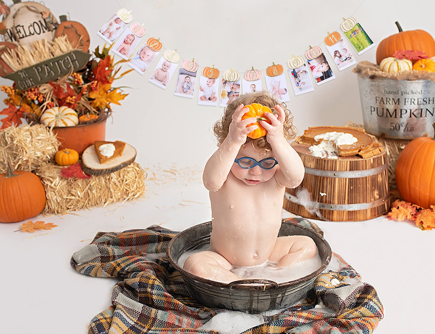 Pumpkin 1st Birthday Monthly Photo Banner for Baby Girls - Newborn to 12 Month Milestone, Pink Orange and Gold - First Birthday Decorations for Girl