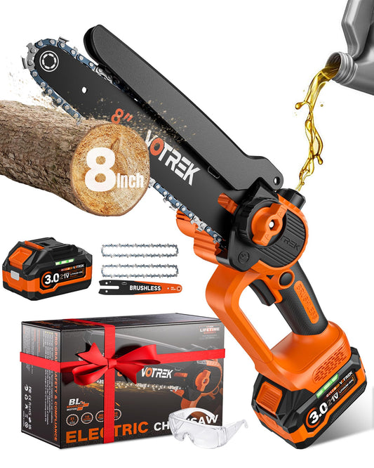 VOTREK® 8-Inch Mini Chainsaw Cordless, 3.0Ah Battery Powered Electric Chain Saw with 2 Chains, Brushless Motor, Auto Oiler, Tool-Free Tensioner for Tree Trimming and Yard Cleanup