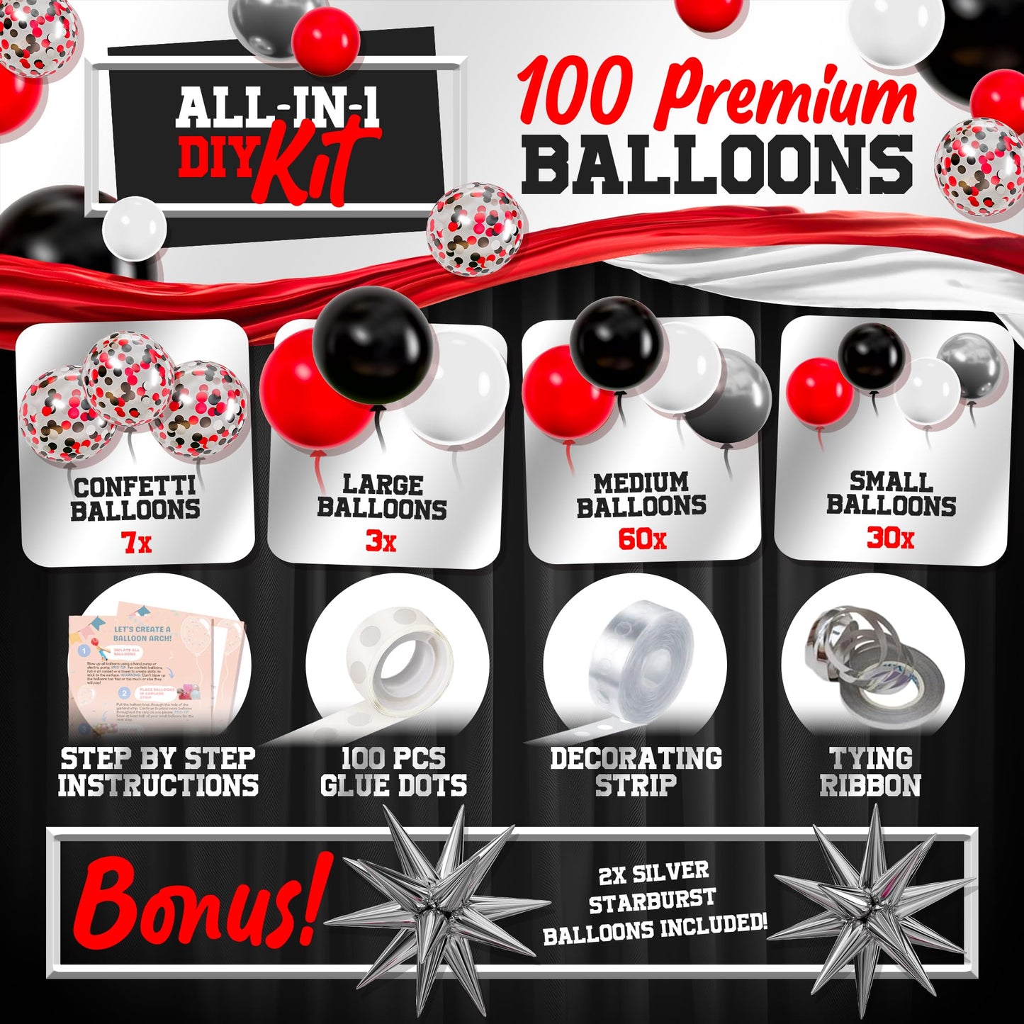 ALL-IN-1 Red Black and White Balloon Arch Kit for Red and Black Birthday Party Decorations – Reds and Blacks Balloons for White Black and Red Balloon Garland Kit – Graduation Black and Red Balloons