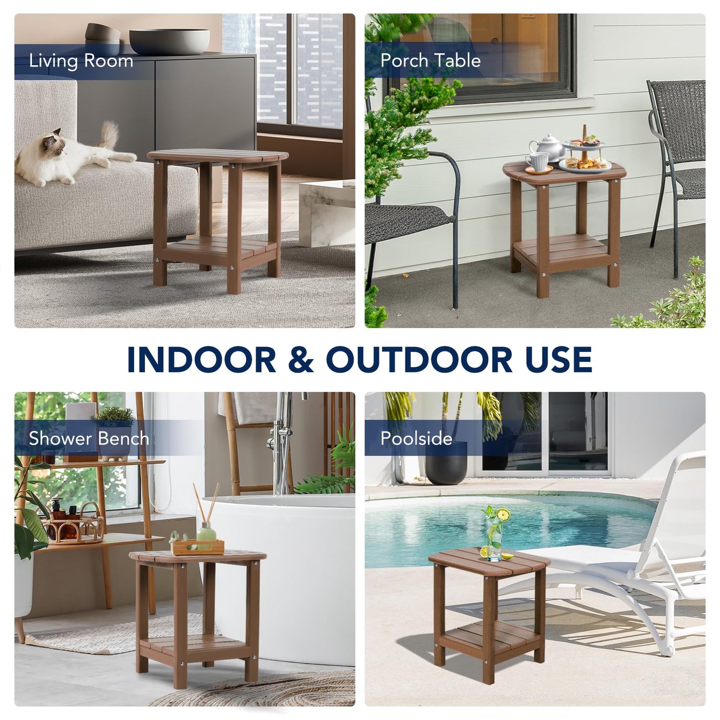nalone Adirondack Side Table 16.5" Outdoor Side Table HDPE Plastic Double Adirondack End Table Small Table for Patio(Wood)