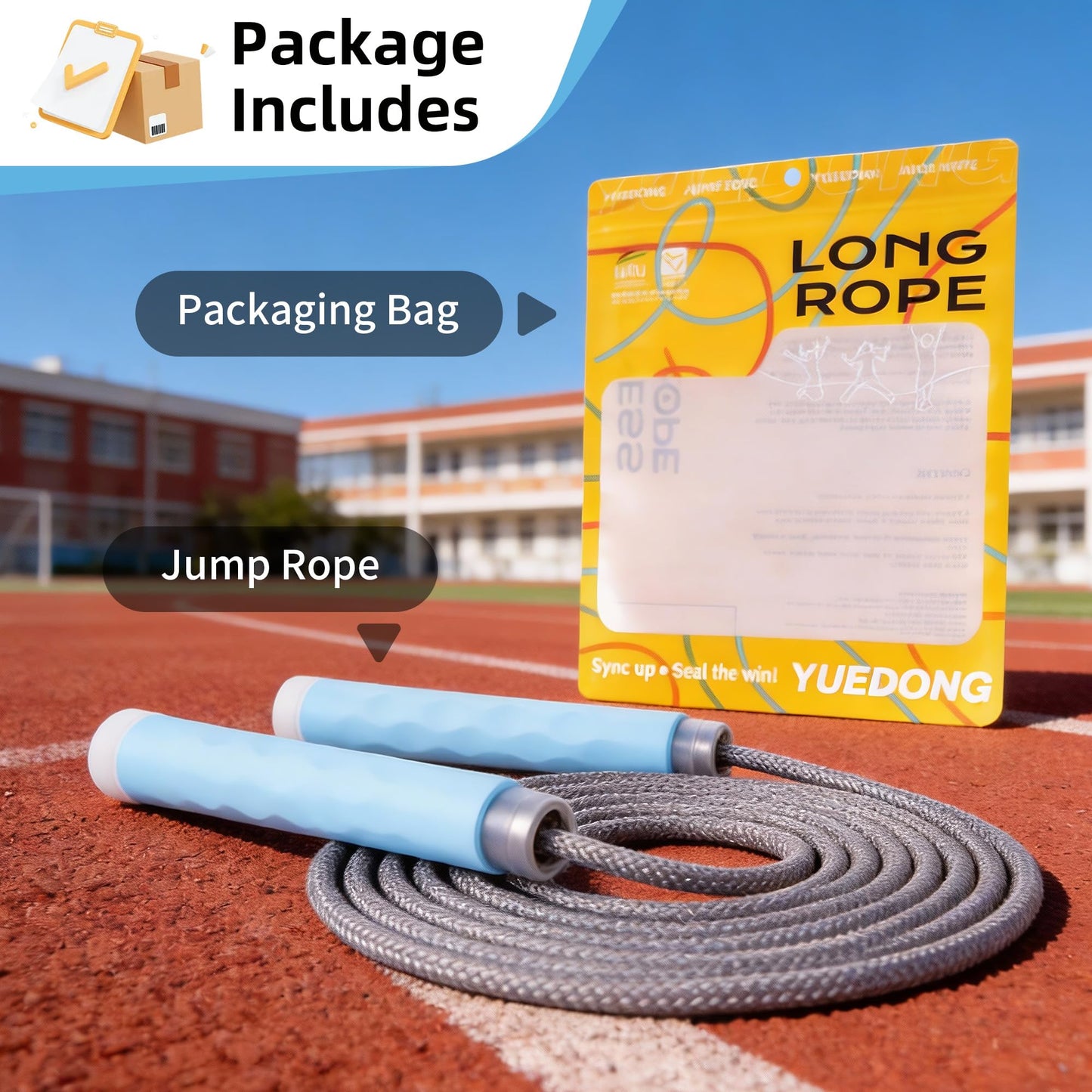 YUEDONG 8mm Thick Long Group Jump Rope 7 Meters Adjustable - Heavy Duty Nylon-Cotton Blend Collective Skipping Rope with 360° Ball Bearings, Wave Texture Full Silicone Anti-Slip Ergonomic Handles for School Team Activities Group Fitness (1, BLUE, 7M)