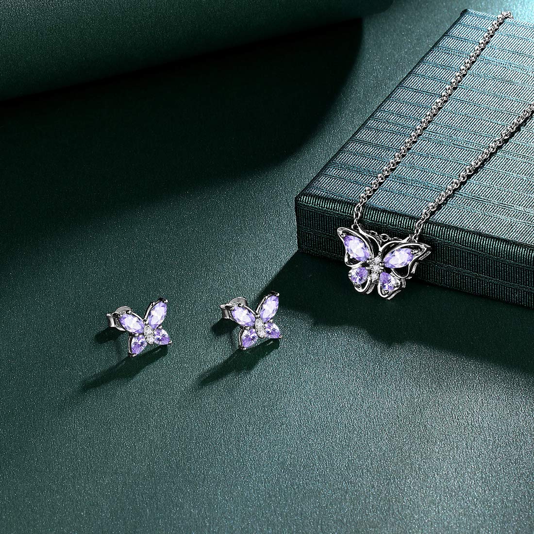 Hipunk Butterfly Blue Jewelry Sets Birthstone Women 925 Sterling Silver June-Alexandrite Birth Stone Animal Butterflies Jewelry Sets/Earring Set Crystal Birthday Jewelry SS0001U
