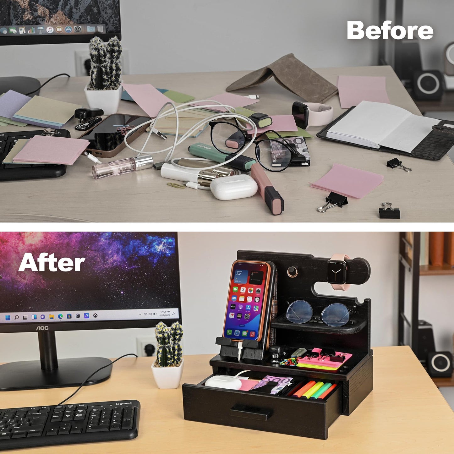 TESLYAR Wood Phone Docking Station with Drawer - Nightstand Organizer - Desk Organizer for Husband - Birthday Gifts for Men, Dad, Anniversary Idea, Key Holder Stand Watch & Accessories (Fumed Black)