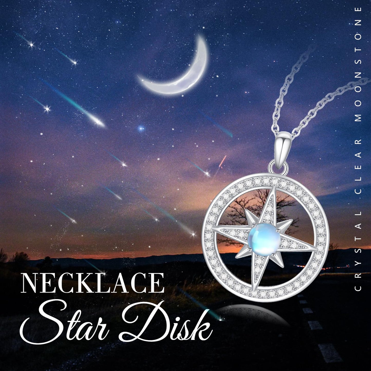 Silikepa Star Necklace for Women 925 Sterling Silver North Star Pendant Necklace Round Rotating Pendant with Moonstone Jewelry Gift for Women