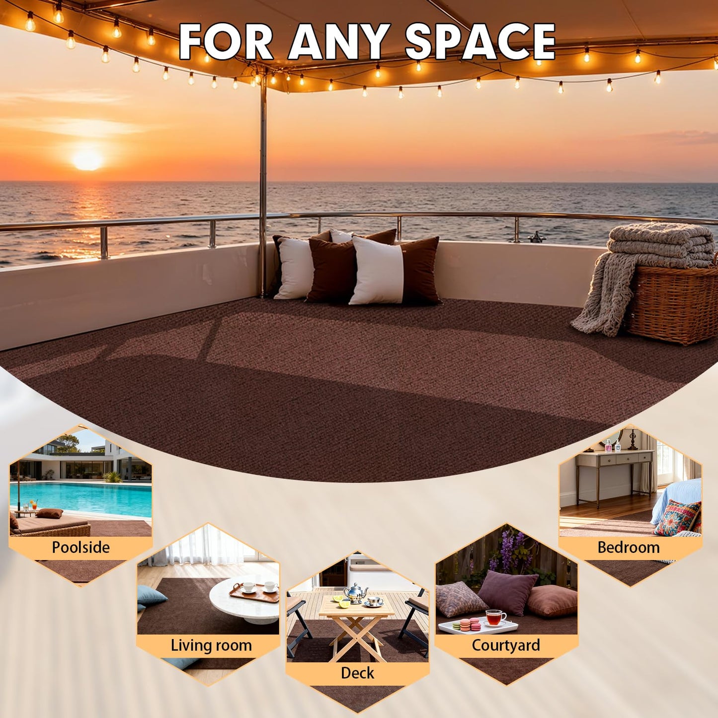 Grefinity Marine Carpet,5 FT x 10 FT Brown Indoor Outdoor Carpet 0.2" Thick Boat Carpet with Water-Proof TPE Backing, Non-Slide Outdoor Marine Carpet Roll for Home, Patio, Porch, Deck