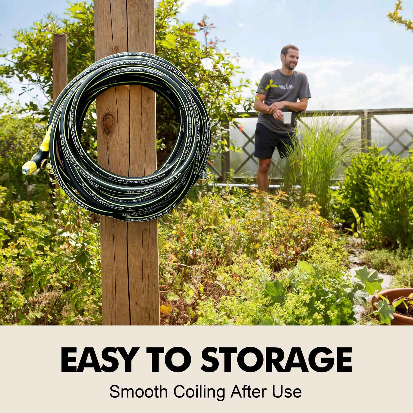 Wurzberge Lightweight Rubber Garden Hose 50 ft, 5/8" Hybrid Rubber Hose with Solid Brass Fitting, Water Hose Pipe for Outdoor, Cleaning & Washing