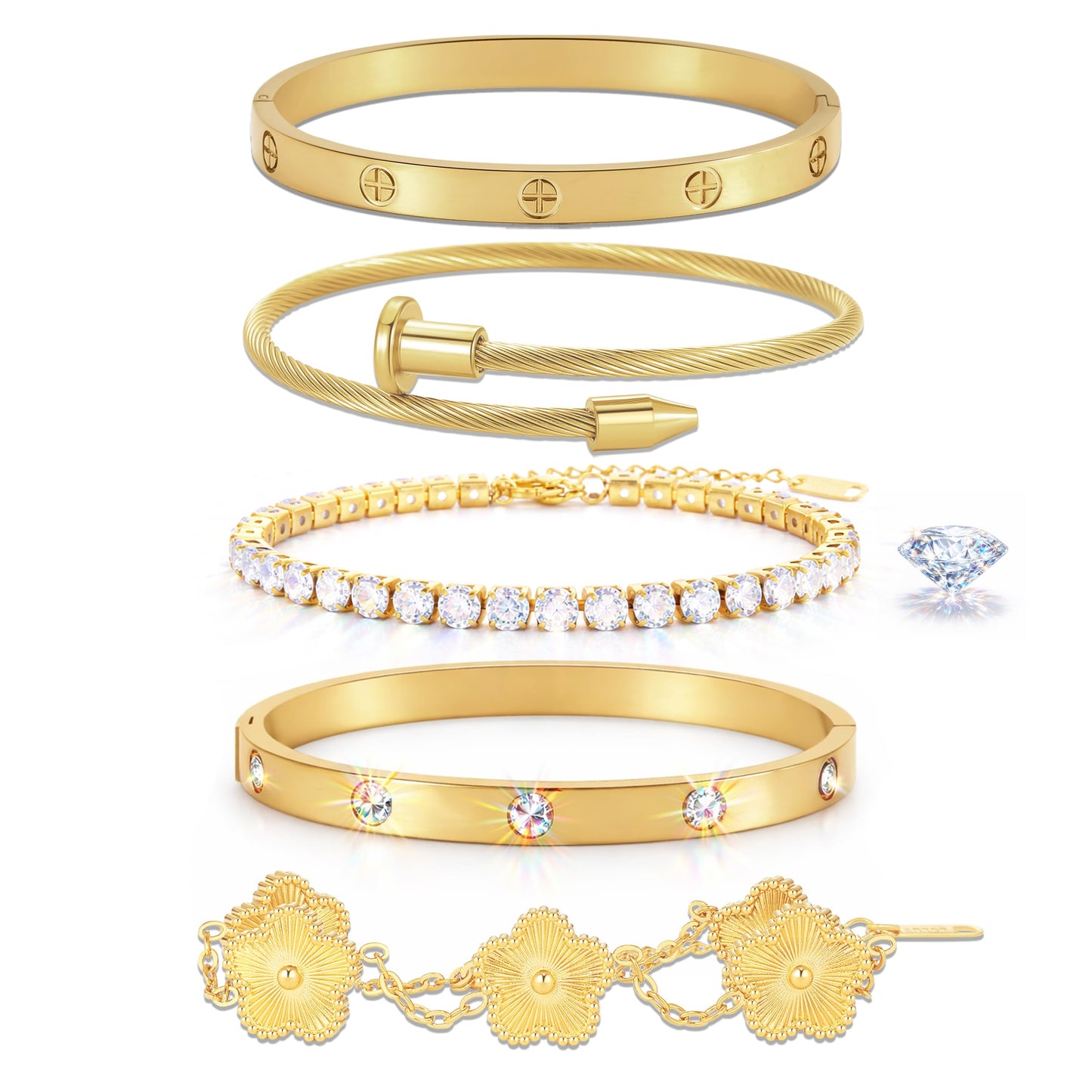 RIVOWMKI 18K Gold Plated Bracelet Set for Women, Sparkling CZ Bangle Adjustable Tennis Bracelet, Stackable Clover Jewelry, Non Tarnish Non Fade Long Lasting Shine for Client Meeting Afternoon Tea