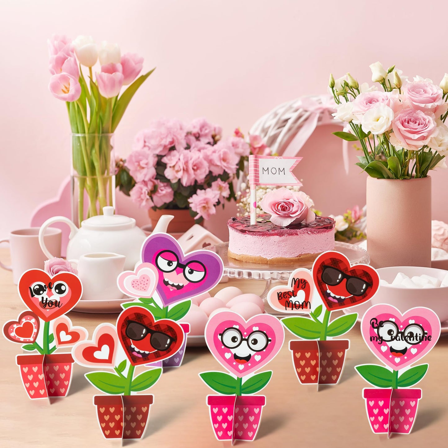 WATINC Valentine‘s Day Flower Craft Kit - 32PCS Make Your Own Heart Flowers Pot Decorations, DIY Valentine Paper Art Supplies with Stickers for Kids Adults, Homeschool Classroom Party Activities Gifts