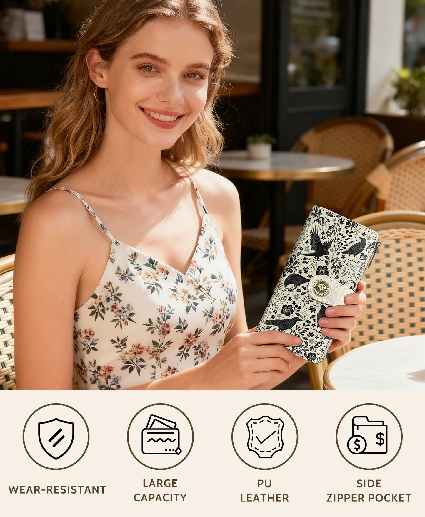 GIANCOMICS Crow Womens Wallet RFID Blocking, Flower Credit Card Holder Bifold, PU Leather Travel Billfold, Long Cute Cash Purse, Zipper Coin Pocket Clutch, ID Window, 11 Card Slot, Ladies Gift Woman