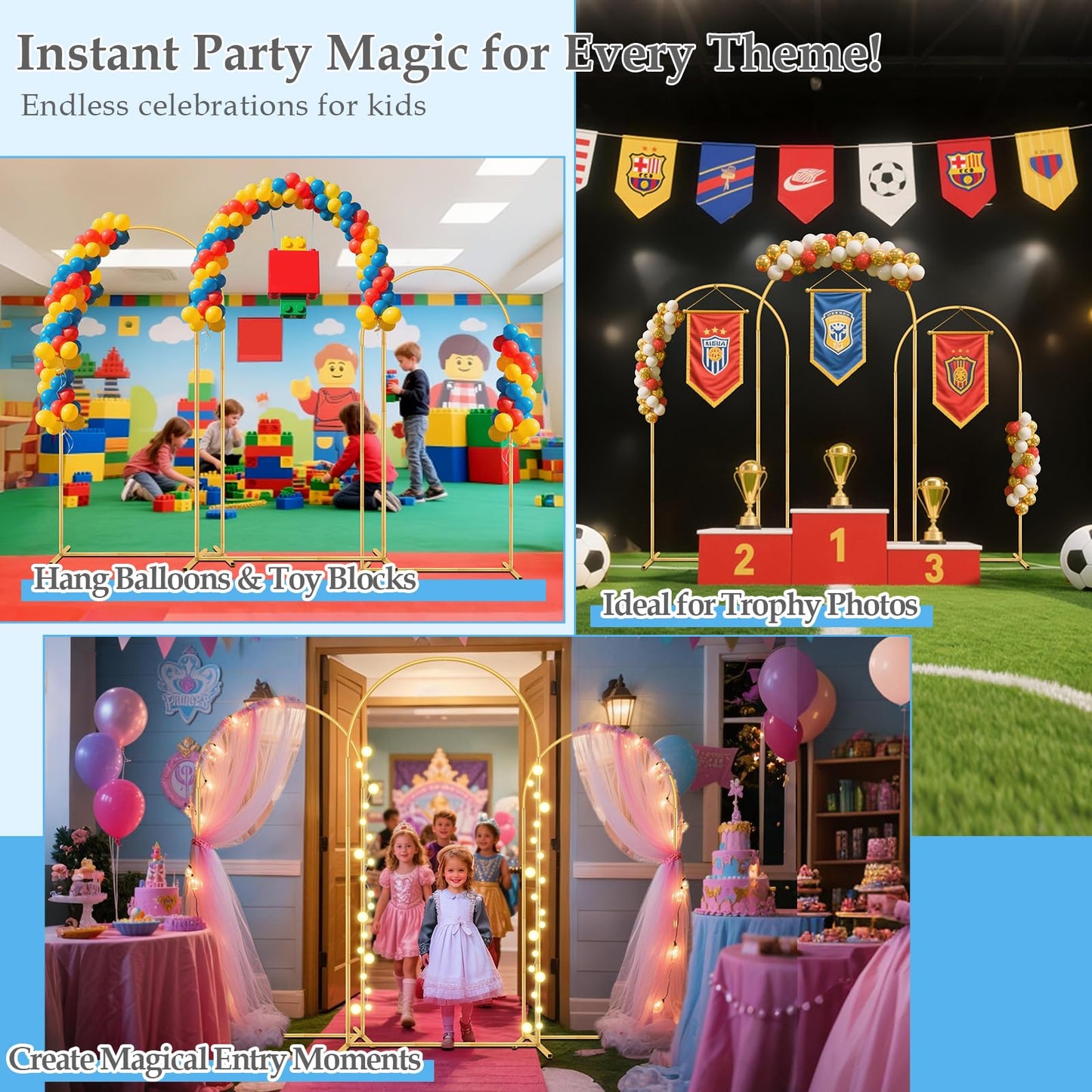 DEVISEFUN Balloon Arch Stand, 6FT,5FT,4FT Set of 3 Metal Gold Wedding Backdrop Arch Stand Kit with Base for Wedding Baby Shower Birthday Party Event Background Decoration Garden Floral Decor