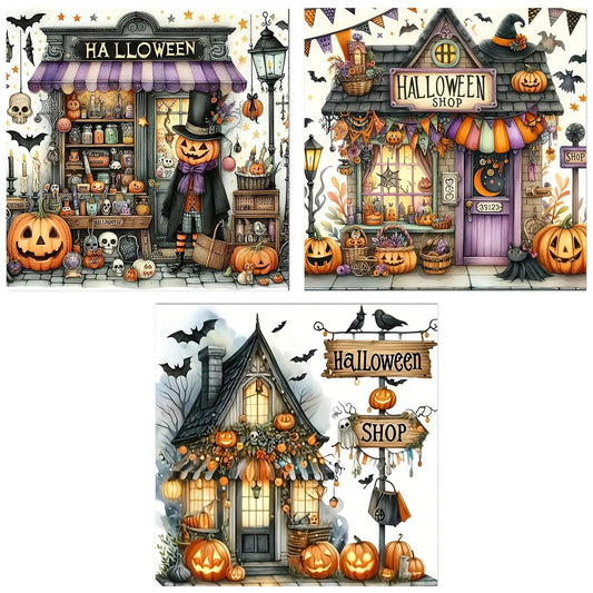 3 Pack Diamond Art Kits for Adults, Halloween Pumpkin Bat Shop Diamond Painting Kits for Adults, 5D DIY Round Full Drill Gem Art Paint With Diamonds Dots Crafts Kits for Home Decor Gift 14x14inch