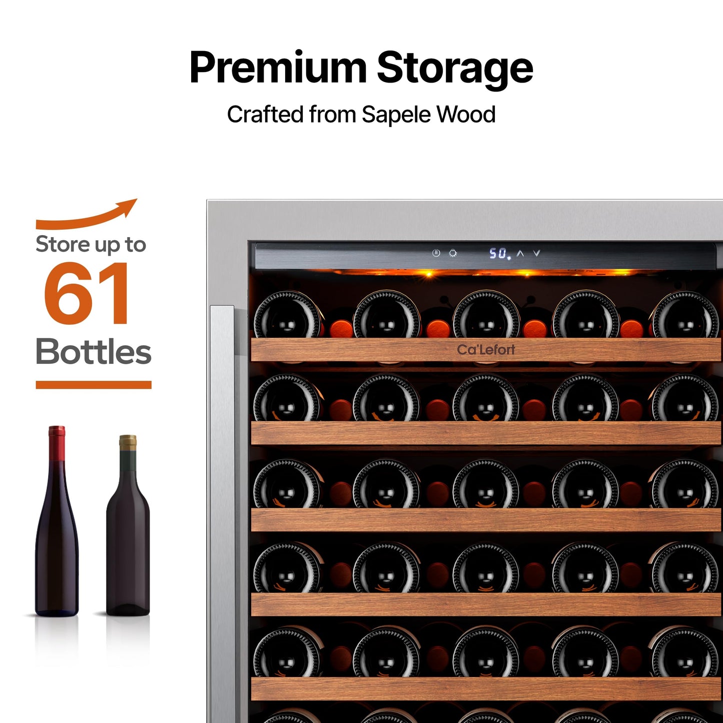 Ca'Lefort 24 Inch Wine Cooler Refrigerator, 61 Bottles Wine Coolers with Glass Door, 3 LED Built-in Compressor Fridge with Adjustable Shelves for Home Office Bar (5.65 cu.ft)