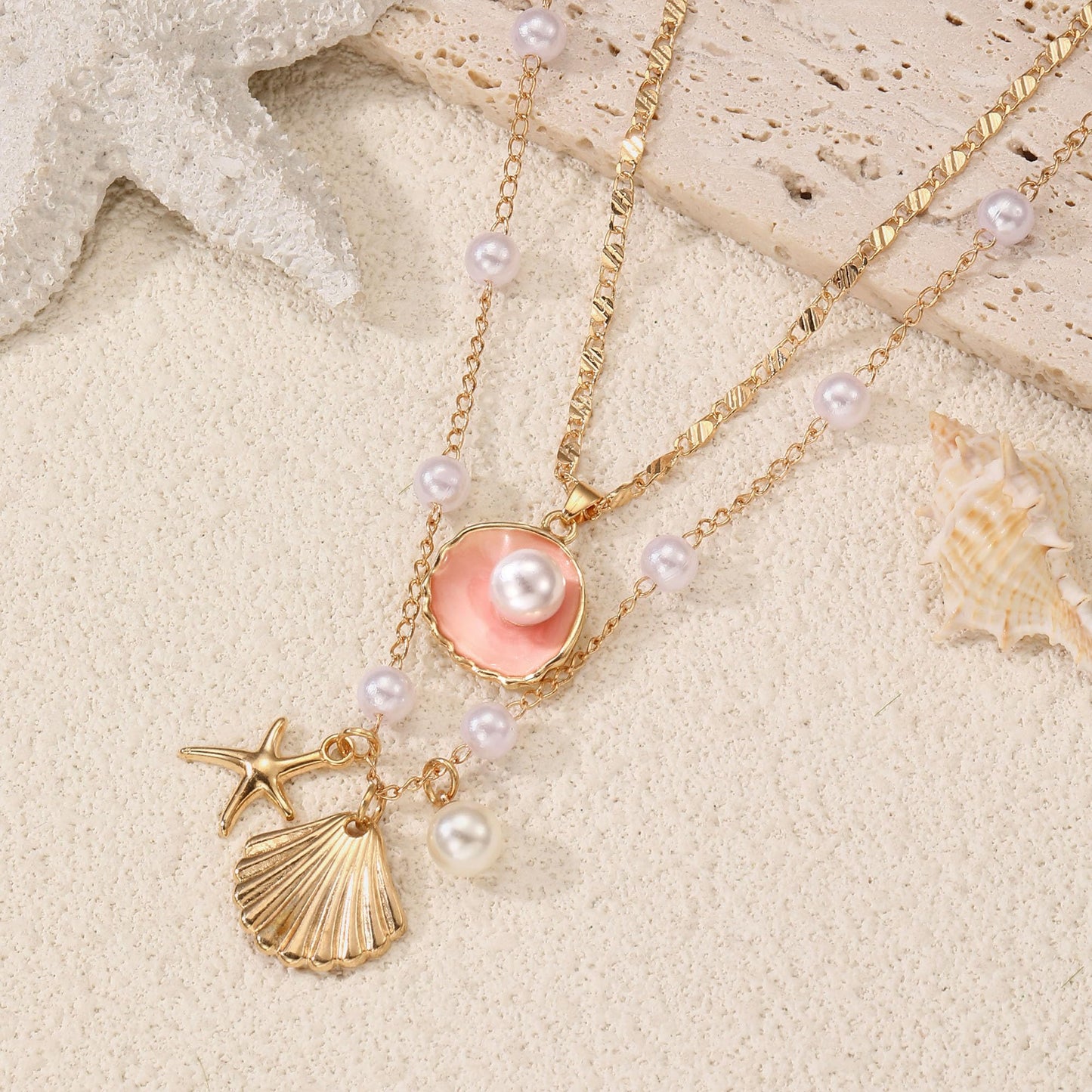 Drogomen Shell Necklaces for Women Layered Beach Charm Necklace Sea Shell Starfish Necklace Bohemian Surfer Beachy Summer Jewelry Vacation Outfits for Women (AP)