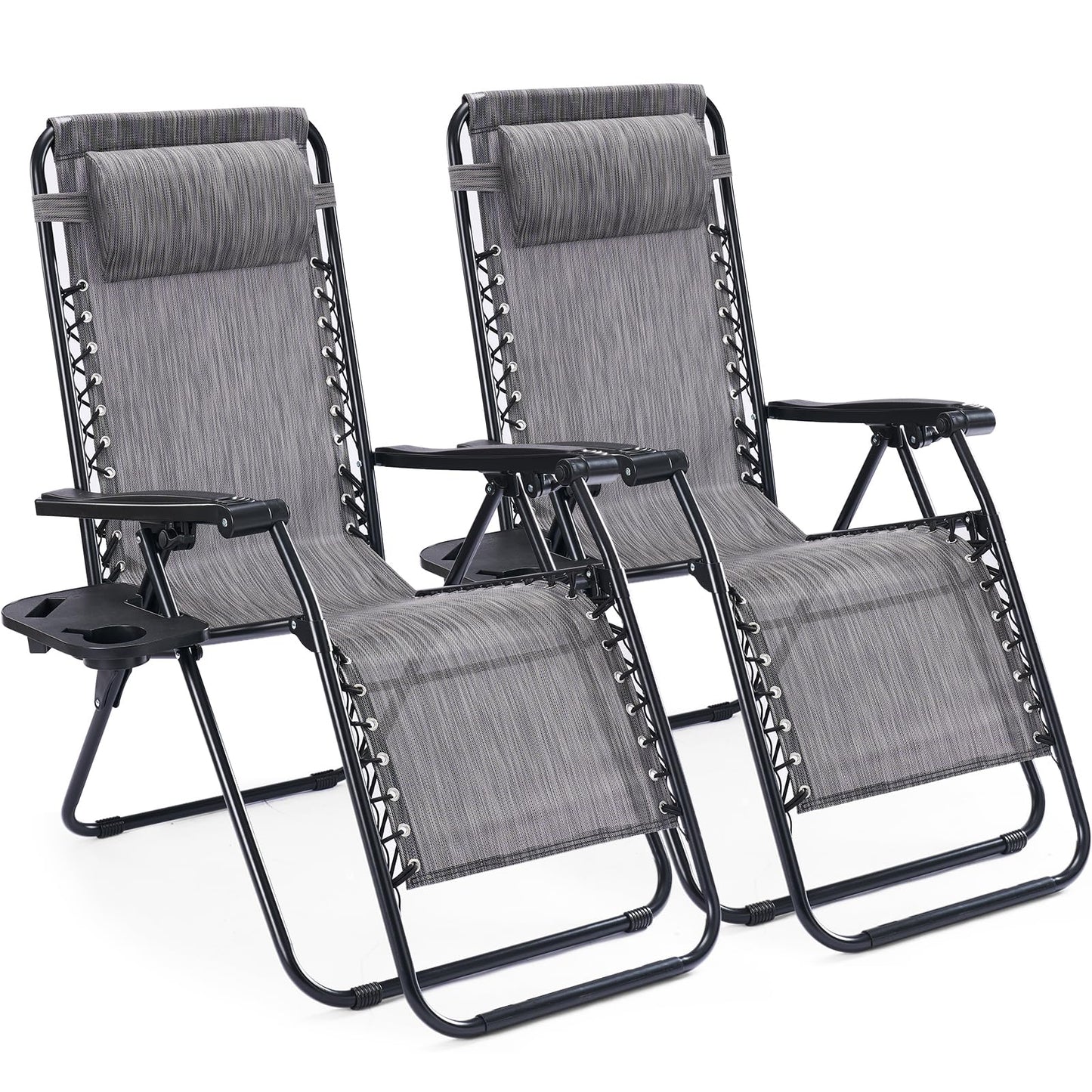 NEWBULIG Zero Gravity Chair Set of 2, Lounge Chair Folding Portable Adjustable Camping Reclining Chairs with Adjustable Pollow, Mesh Back, Cup Holder Trays Lawn Patio Chair for Pool Beach - Grey