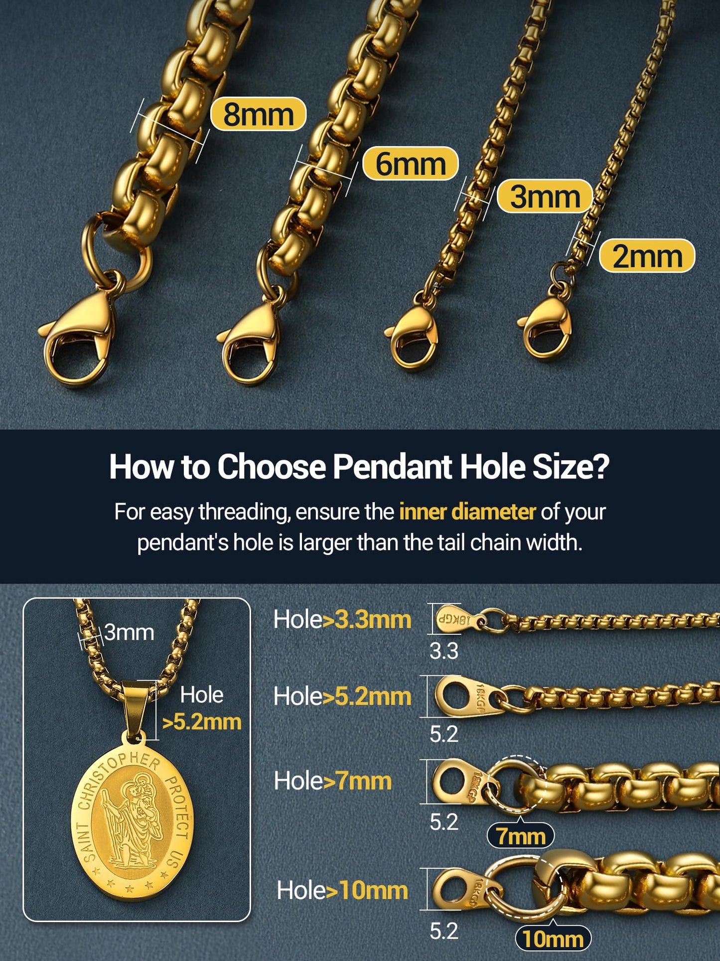 PROSTEEL Squre Rolo Link Chains, 18K Gold Chain Necklace Waterproof & Non Tarnish 6mm Stainless Steel Link Chains for Men and Women Jewelry with Gift Box 20in