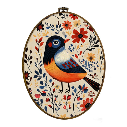 dvhdajed Norwegian Folk Bird Floral Oval Wall Art Decor, Scandinavian Bird Botanical Framed Canvas Art, Vintage Mid Century Nordic Floral Hanging Decor for Gallery Bedroom Bathroom, 8.7x11.3
