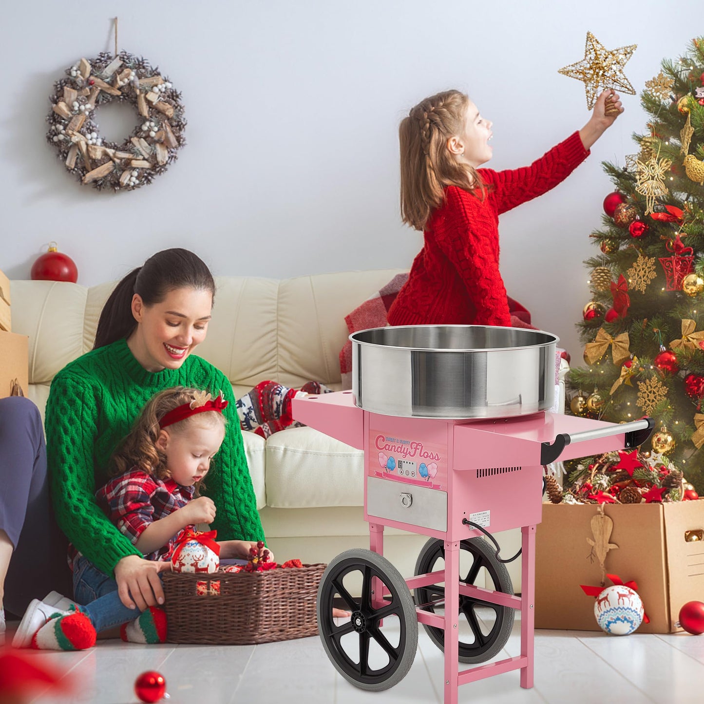 Electric Cotton Candy Machine,Stainless Steel Cart Cotton Candy Machine for Kids in Outdoors,with Sugar Spoons and Drawers,for Birthday Parties and Family Use,Pink