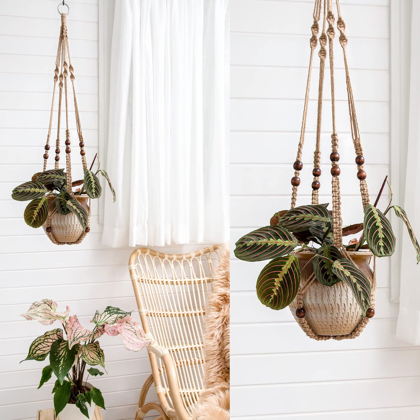Mkono Macrame Plant Hanger and Ceiling Hooks for Hanging Plants Indoor Outdoor Boho Home Decor