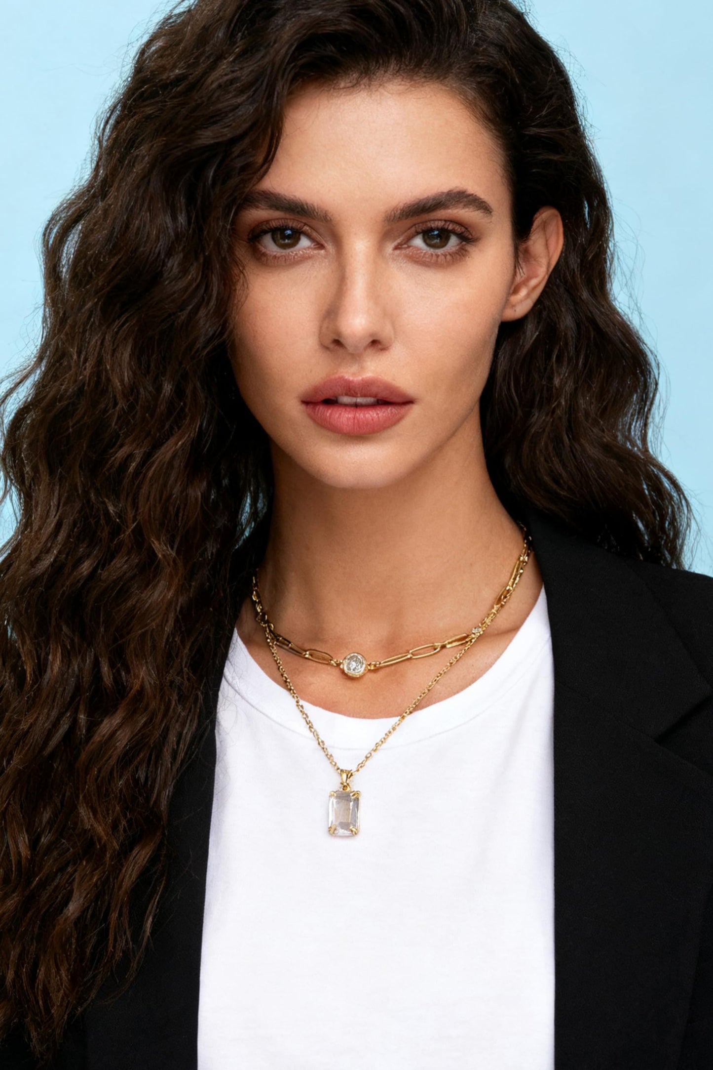VANGETIMI Clear and Gold Layered Pendant Necklaces for Women 14k Gold Plated Crystal Choker Necklace Paperclip Rhinestone Necklace Party Prom Jewelry